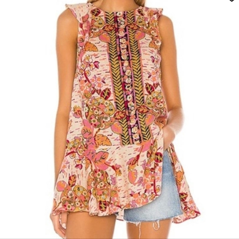 Free People Summer in Tulum Tunic Top Mini Dress Peach & Pink Size Small
